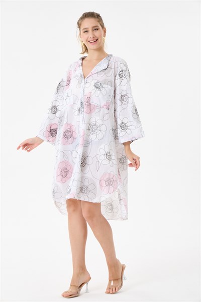 İtalyan Büyük Beden Çiçek Desenli Tunik Gömlek Elbise 42 - 46 Beden