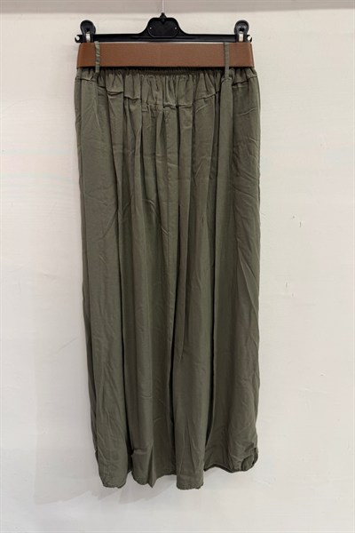Haki İtalyan Beli Lastikli Çift Yan Cepli Kemerli Pileli Tencel Etek 38 - 44 Beden
