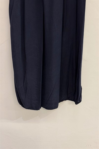 Lacivert İtalyan Beli Lastikli Çift Yan Cepli Kemerli Pileli Tencel Etek 38 - 44 Beden