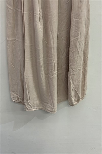 Bej İtalyan Beli Lastikli Çift Yan Cepli Kemerli Pileli Tencel Etek 38 - 44 Beden