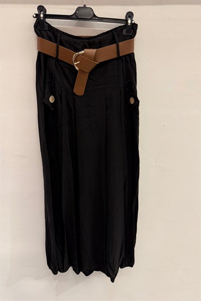 Siyah İtalyan Beli Lastikli Çift Yan Cepli Kemerli Pileli Tencel Etek 38 - 44 Beden