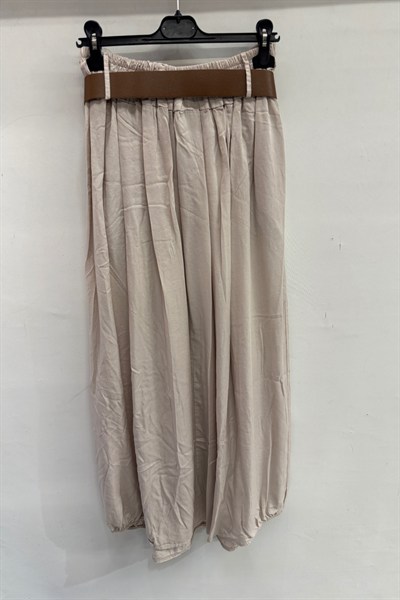 Bej İtalyan Beli Lastikli Çift Yan Cepli Kemerli Pileli Tencel Etek 38 - 44 Beden
