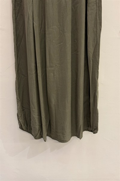 Haki İtalyan Beli Lastikli Çift Yan Cepli Kemerli Pileli Tencel Etek 38 - 44 Beden