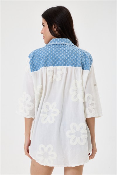 Kadın İtalyan Çiçek Nakışlı Fistolu Oversize Gömlek Tunik 40 - 46 Beden