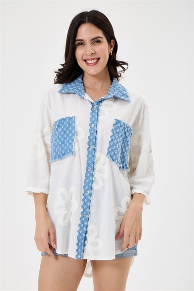Kadın İtalyan Çiçek Nakışlı Fistolu Oversize Gömlek Tunik 40 - 46 Beden