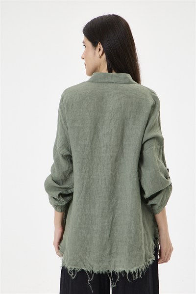 Kadın İtalyan %100 Keten Pul Payetli Halka Şeritli Oversize Keten Gömlek 40 - 46 Beden