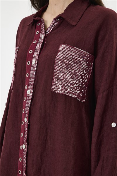 Kadın İtalyan %100 Keten Pul Payetli Halka Şeritli Oversize Keten Gömlek 40 - 46 Beden