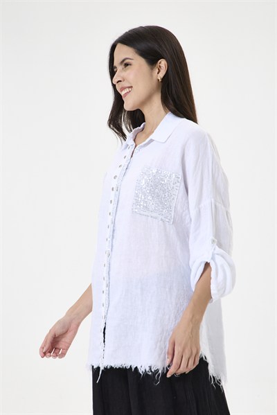 Kadın İtalyan %100 Keten Pul Payetli Halka Şeritli Oversize Keten Gömlek 40 - 46 Beden