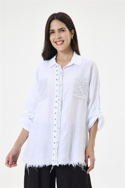 Kadın İtalyan %100 Keten Pul Payetli Halka Şeritli Oversize Keten Gömlek 40 - 46 Beden