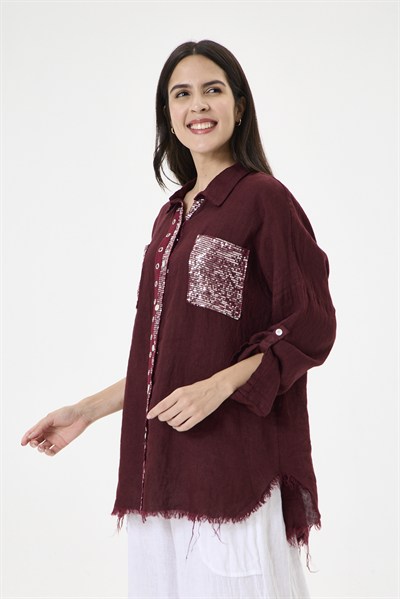 Kadın İtalyan %100 Keten Pul Payetli Halka Şeritli Oversize Keten Gömlek 40 - 46 Beden