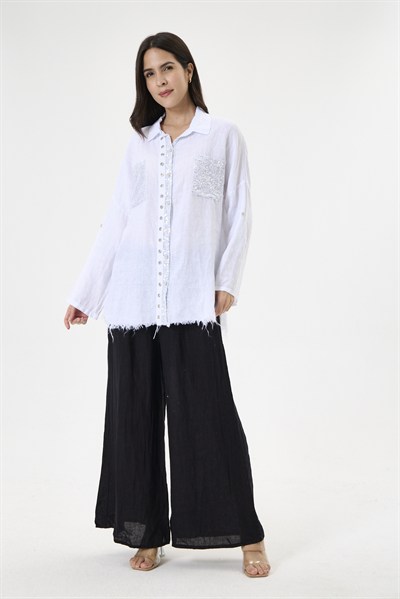 Kadın İtalyan %100 Keten Pul Payetli Halka Şeritli Oversize Keten Gömlek 40 - 46 Beden