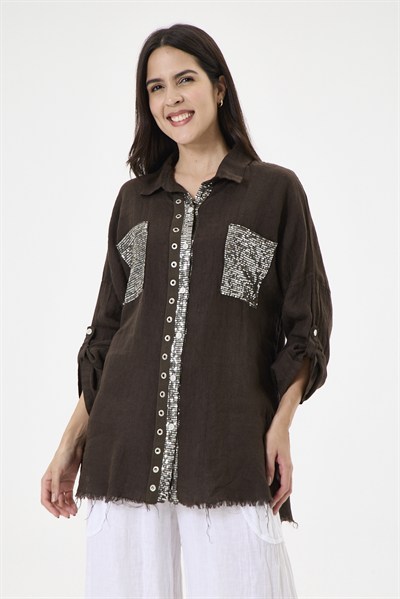 Kadın İtalyan %100 Keten Pul Payetli Halka Şeritli Oversize Keten Gömlek 40 - 46 Beden
