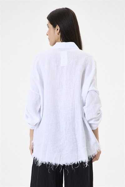 Kadın İtalyan %100 Keten Pul Payetli Halka Şeritli Oversize Keten Gömlek 40 - 46 Beden