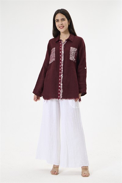 Kadın İtalyan %100 Keten Pul Payetli Halka Şeritli Oversize Keten Gömlek 40 - 46 Beden