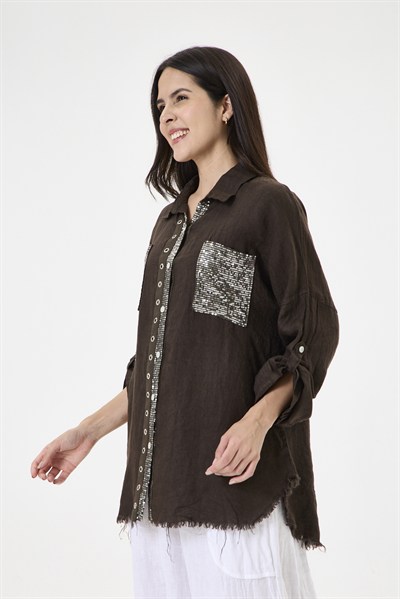 Kadın İtalyan %100 Keten Pul Payetli Halka Şeritli Oversize Keten Gömlek 40 - 46 Beden