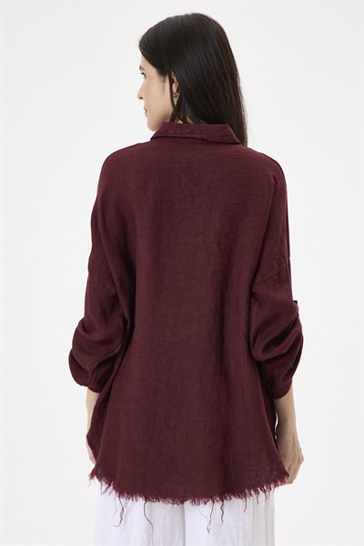 Kadın İtalyan %100 Keten Pul Payetli Halka Şeritli Oversize Keten Gömlek 40 - 46 Beden