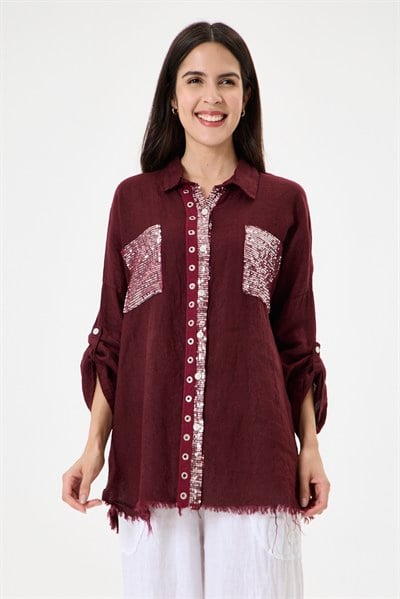 Kadın İtalyan %100 Keten Pul Payetli Halka Şeritli Oversize Keten Gömlek 40 - 46 Beden