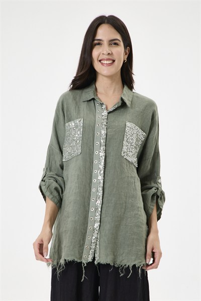 Kadın İtalyan %100 Keten Pul Payetli Halka Şeritli Oversize Keten Gömlek 40 - 46 Beden