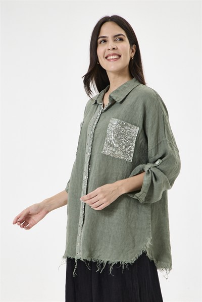 Kadın İtalyan %100 Keten Pul Payetli Halka Şeritli Oversize Keten Gömlek 40 - 46 Beden