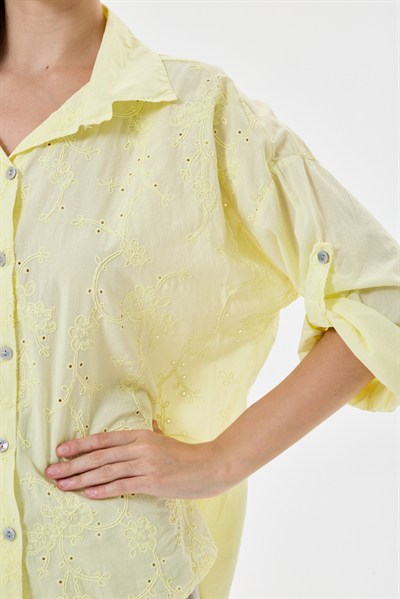Kadın İtalyan Çiçek Nakışlı Fistolu Katlanır Uzun Kollu Oversize Poplin Gömlek 40 - 44 Beden
