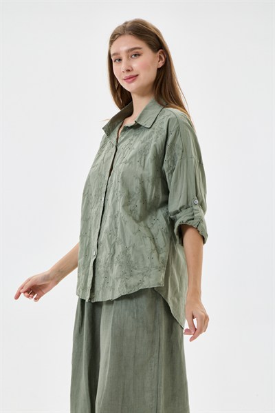 Kadın İtalyan Çiçek Nakışlı Fistolu Katlanır Uzun Kollu Oversize Poplin Gömlek 40 - 44 Beden