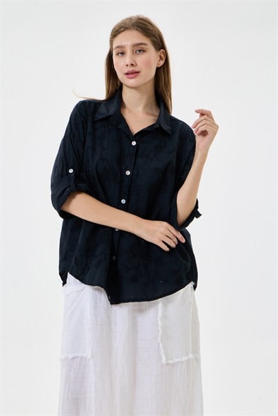Kadın İtalyan Çiçek Nakışlı Fistolu Katlanır Uzun Kollu Oversize Poplin Gömlek 40 - 44 Beden
