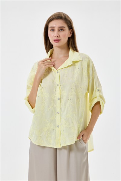 Kadın İtalyan Çiçek Nakışlı Fistolu Katlanır Uzun Kollu Oversize Poplin Gömlek 40 - 44 Beden