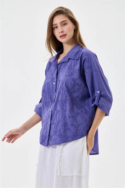 Kadın İtalyan Çiçek Nakışlı Fistolu Katlanır Uzun Kollu Oversize Poplin Gömlek 40 - 44 Beden