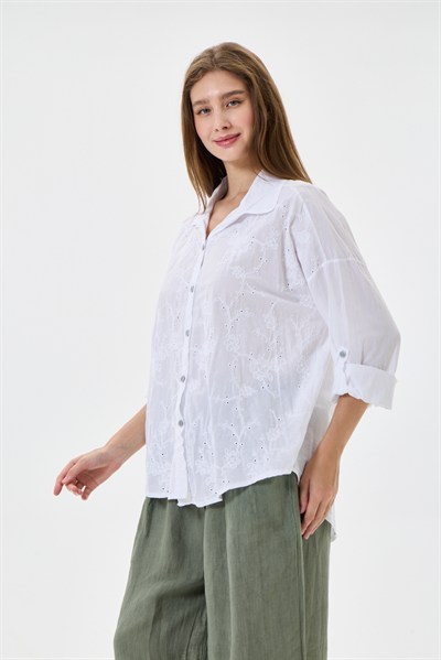 Kadın İtalyan Çiçek Nakışlı Fistolu Katlanır Uzun Kollu Oversize Poplin Gömlek 40 - 44 Beden