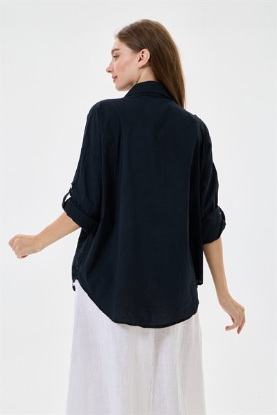 Kadın İtalyan Çiçek Nakışlı Fistolu Katlanır Uzun Kollu Oversize Poplin Gömlek 40 - 44 Beden