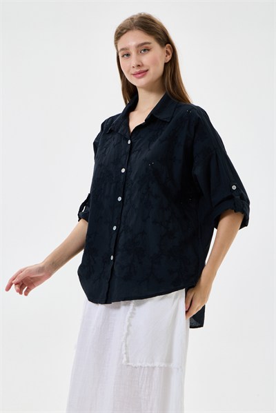 Kadın İtalyan Çiçek Nakışlı Fistolu Katlanır Uzun Kollu Oversize Poplin Gömlek 40 - 44 Beden