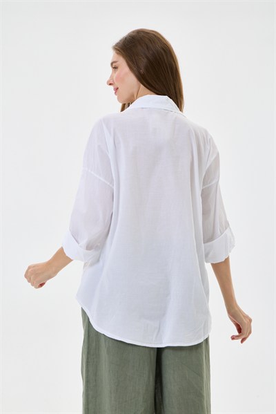 Kadın İtalyan Çiçek Nakışlı Fistolu Katlanır Uzun Kollu Oversize Poplin Gömlek 40 - 44 Beden