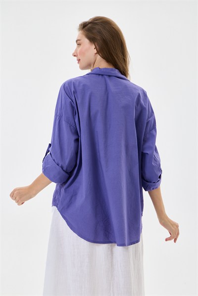 Kadın İtalyan Çiçek Nakışlı Fistolu Katlanır Uzun Kollu Oversize Poplin Gömlek 40 - 44 Beden