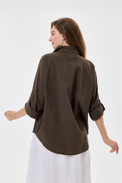 Kadın İtalyan Çiçek Nakışlı Fistolu Katlanır Uzun Kollu Oversize Poplin Gömlek 40 - 44 Beden