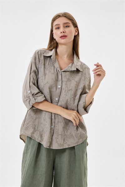 Kadın İtalyan Çiçek Nakışlı Fistolu Katlanır Uzun Kollu Oversize Poplin Gömlek 40 - 44 Beden