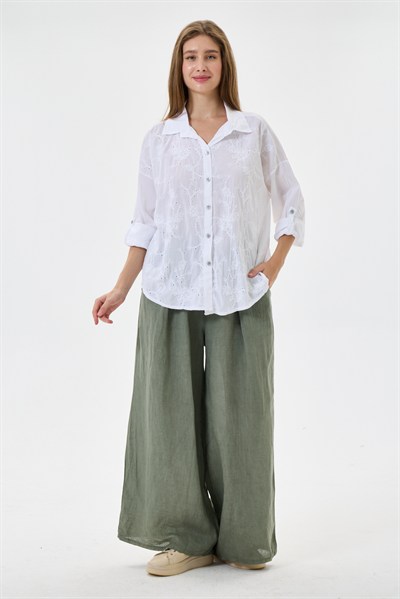 Kadın İtalyan Çiçek Nakışlı Fistolu Katlanır Uzun Kollu Oversize Poplin Gömlek 40 - 44 Beden