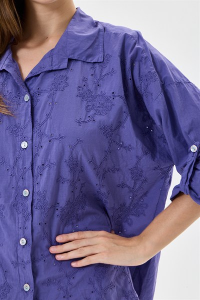 Kadın İtalyan Çiçek Nakışlı Fistolu Katlanır Uzun Kollu Oversize Poplin Gömlek 40 - 44 Beden