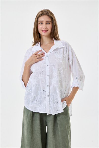 Kadın İtalyan Çiçek Nakışlı Fistolu Katlanır Uzun Kollu Oversize Poplin Gömlek 40 - 44 Beden