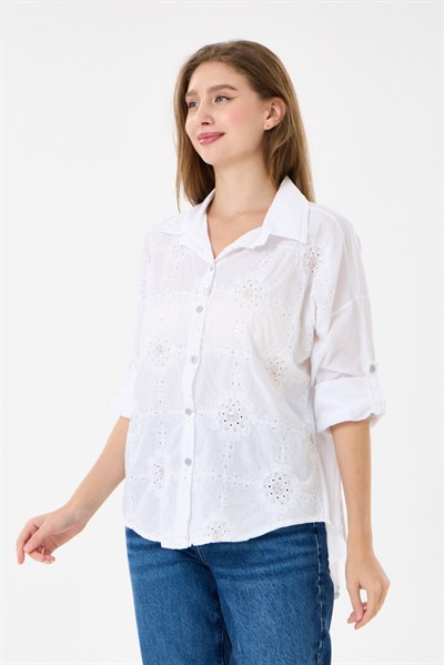 Kadın İtalyan Çiçek Nakışlı Pullu Katlanır Uzun Kollu Oversize Gömlek 40 - 44 Beden