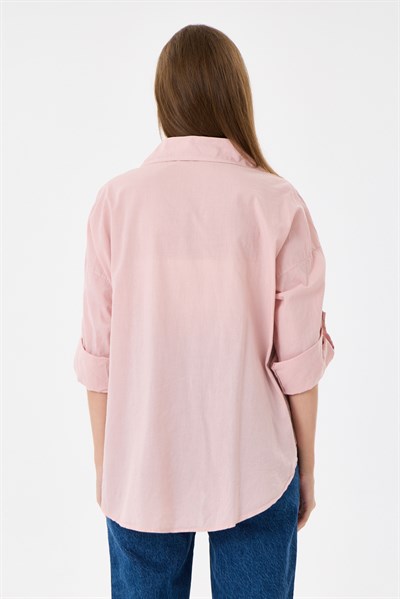 Kadın İtalyan Çiçek Nakışlı Pullu Katlanır Uzun Kollu Oversize Gömlek 40 - 44 Beden