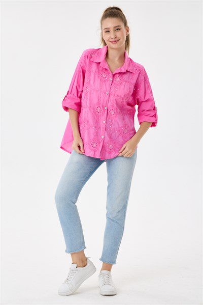 Kadın İtalyan Çiçek Nakışlı Pullu Katlanır Uzun Kollu Oversize Gömlek 40 - 44 Beden