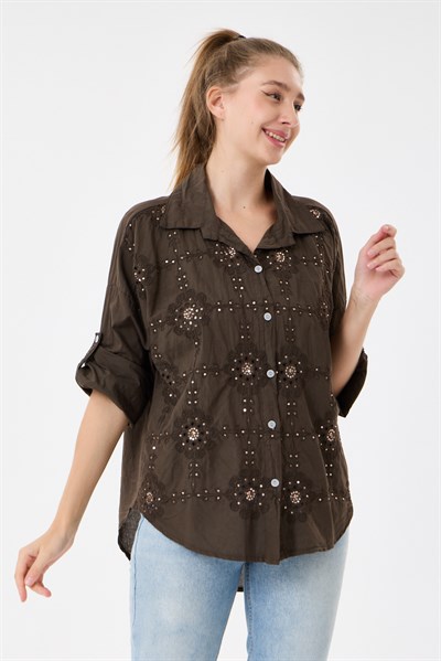 Kadın İtalyan Çiçek Nakışlı Pullu Katlanır Uzun Kollu Oversize Gömlek 40 - 44 Beden