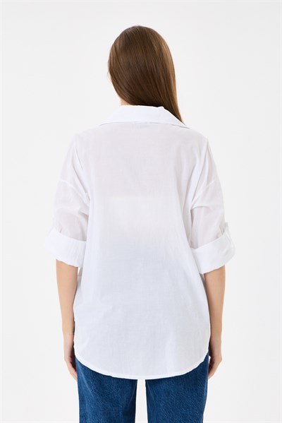 Kadın İtalyan Çiçek Nakışlı Pullu Katlanır Uzun Kollu Oversize Gömlek 40 - 44 Beden