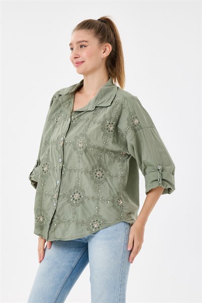 Kadın İtalyan Çiçek Nakışlı Pullu Katlanır Uzun Kollu Oversize Gömlek 40 - 44 Beden