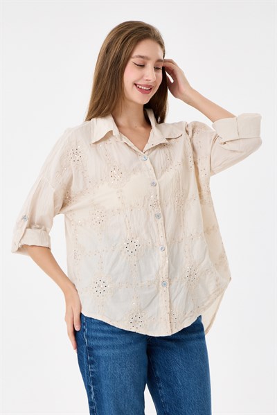 Kadın İtalyan Çiçek Nakışlı Pullu Katlanır Uzun Kollu Oversize Gömlek 40 - 44 Beden