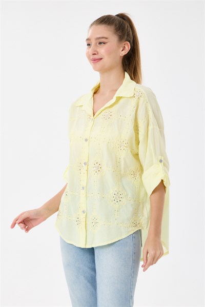 Kadın İtalyan Çiçek Nakışlı Pullu Katlanır Uzun Kollu Oversize Gömlek 40 - 44 Beden
