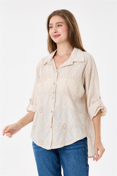 Kadın İtalyan Çiçek Nakışlı Pullu Katlanır Uzun Kollu Oversize Gömlek 40 - 44 Beden