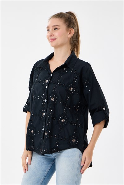 Kadın İtalyan Çiçek Nakışlı Pullu Katlanır Uzun Kollu Oversize Gömlek 40 - 44 Beden
