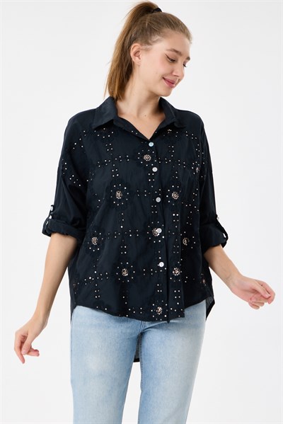 Kadın İtalyan Çiçek Nakışlı Pullu Katlanır Uzun Kollu Oversize Gömlek 40 - 44 Beden