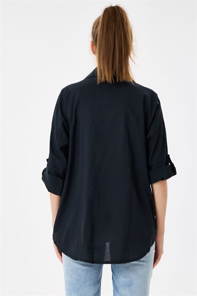 Kadın İtalyan Çiçek Nakışlı Pullu Katlanır Uzun Kollu Oversize Gömlek 40 - 44 Beden